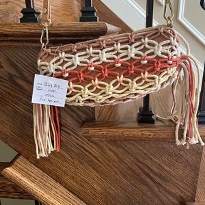 Handwoven Macramé Crossbody Bag in Cream, Coral & Tan